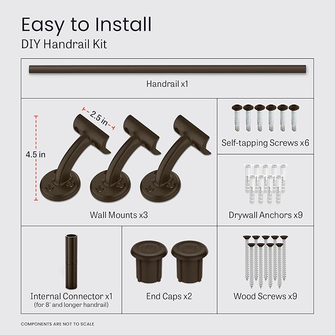 Meranti Aluminum Handrail for Indoor or Outdoor Steps and Stairs – Hand Rails for Elderly – DIY Complete Stair Railing Kit (AHR, Bronze Textured, 9' Length)
