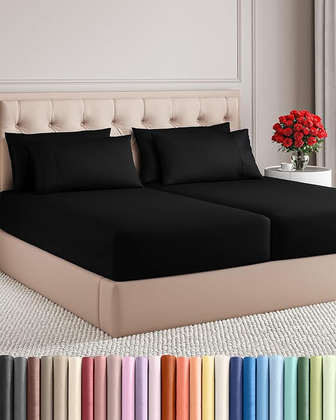Split King 7 Piece Sheet Set - Cooling & Breathable Bed Sheets - Hotel Luxury Bed Sheets for Women, Men, Kids & Teens - Deep Pocket Bedding w/Easy Fit - Soft & Wrinkle Free - Split King Black Sheets