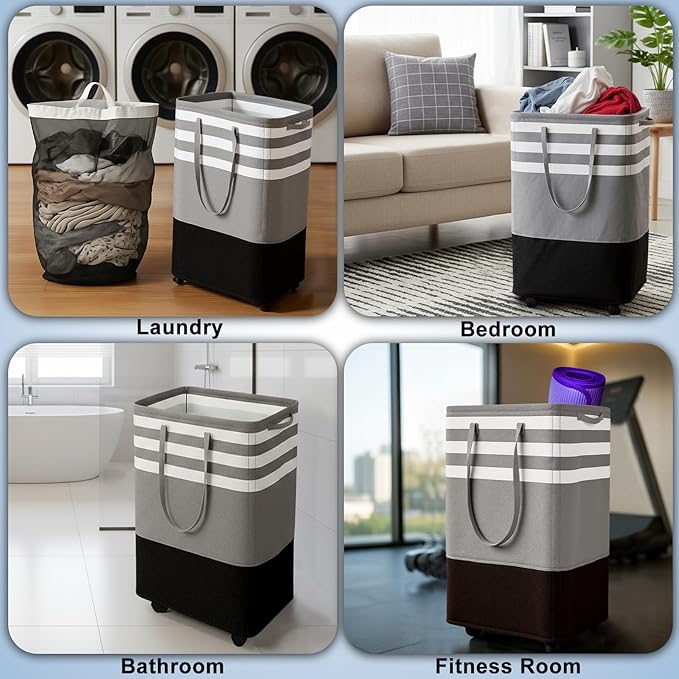 Wakefit 80L Large Laundry Basket, Laundry Hamper with 4 Wheels, Collapsible Waterproof Clothes Basket, Freestanding Hamper with Handles for Bedroom, Bathroom, Laundry Room (Gray - S)