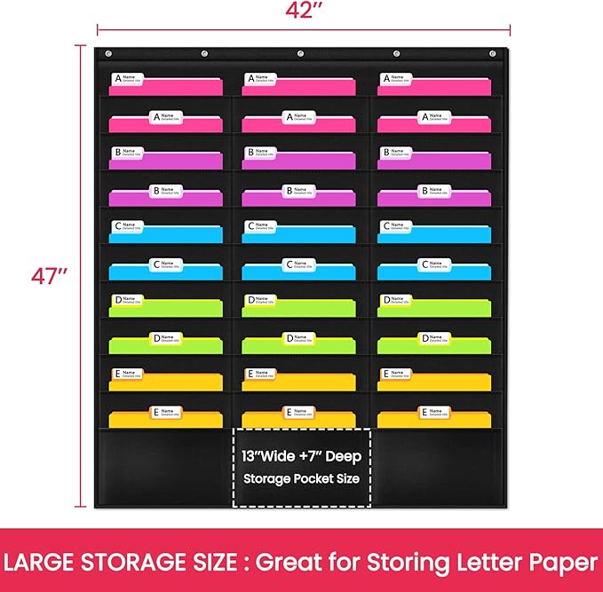 Godery Organization Pocket Chart，Wall File Pocket Folder Organizer with 30 Pocket Chart Plus 5 Hangers Hooks, The Perfect Pocket Chart for Classroom, School, Office or Home Use (30 Pocket)