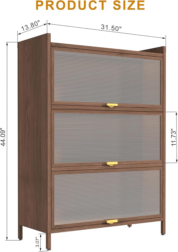 44'' Tall Metal Storage Cabinet with 3 Flip Doors, Freestanding Steel Organizer with Ample Storage Space for Bedroom Living Room Kitchen Office Entryway, Storage Organizer Walnut Finish