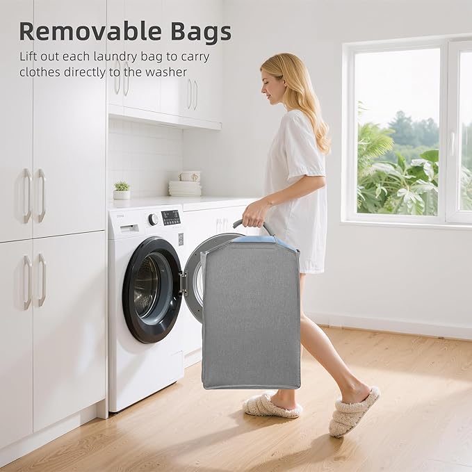 STORAGE MANIAC 4 Section Vertical Laundry Hamper, 2 Tier Laundry Sorter with 4 Removable Tote Bags, Rolling Clothes Basket for Towels, Blankets, Tall Dirty Clothes Hamper for Closet, Bathroom, 4 Bags
