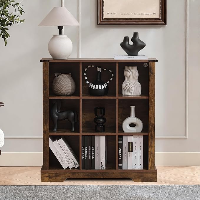 9 Cube Bookcase, Wooden Cube Storage Organizer Shelf, Grey Horizontal Book Shelf with LED Lights, Freestanding Display Cabinet for Living Room, Hallway TV Stand for Entryway
