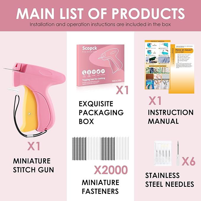 Stitch Gun for Clothes - Handheld Stitch Gun Quick Clothing Fixer - Mini Sewing Kit Micro Tagging Gun - Includes 6 Needle, 1000 Black Fasteners and 1000 White Fasteners (Pink-Yellow)