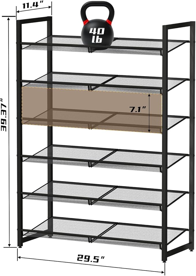 Shoe Rack, 6-Tier Metal Shoe Organizer, Tall Shoe Rack for Closet,entryway,Garage, with Adjustable Flat or Angled Shelves, Holds 18-24 Pairs,Shoes That can accommodate The Whole Family.