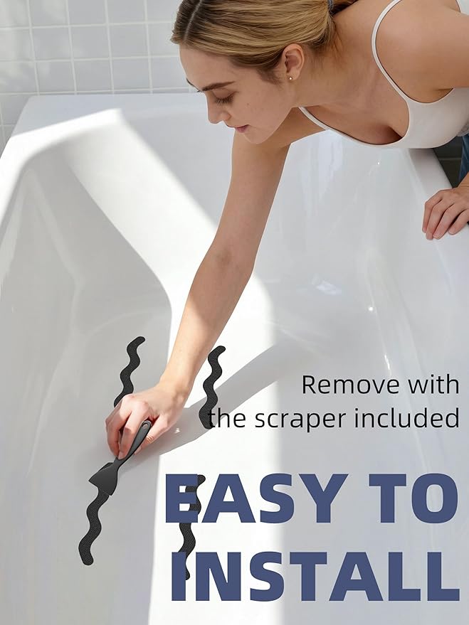 Anti Slip Shower Stickers, Adhesive Decals Safety Strips with Scraper for Bath Tub, Shower Floor, Stairs, 24 Pieces (Black)