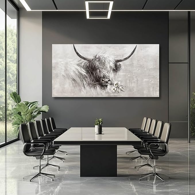 MLART99 Farmhouse Decor Wall Cow Painting Wall Art for Living Room White Flower Wall Decor 29"x 58" Grey Artwork for Bedroom Dining Room Decorations