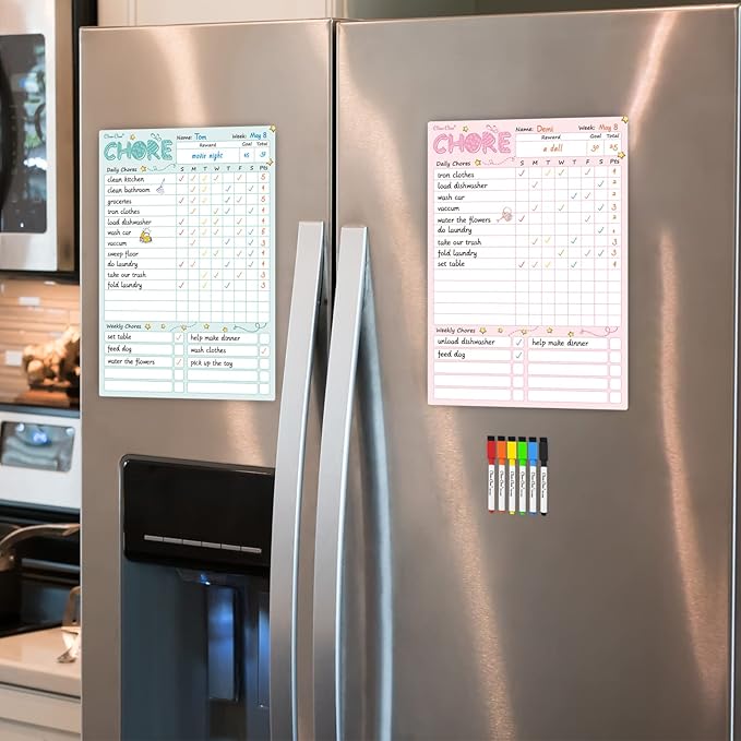 Magnetic Dry Erase Chore Chart - 8.5"x12" Behavior Responsibility Chore Board for Kids, Teenagers - 6 Extra Fine Point Markers Included - Shipped Flat 2 Pcs Blue & Pink