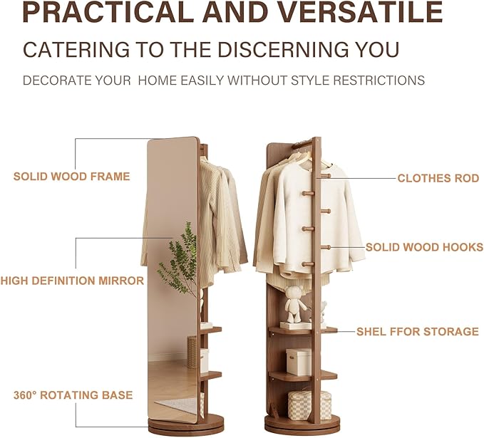 WoodsWhisper Full Length Mirror Coat Rack Solid Wood Floor Mirror 66"x12" Full Length Mirror with Stand Long Mirrors for Bedroom,Living Room