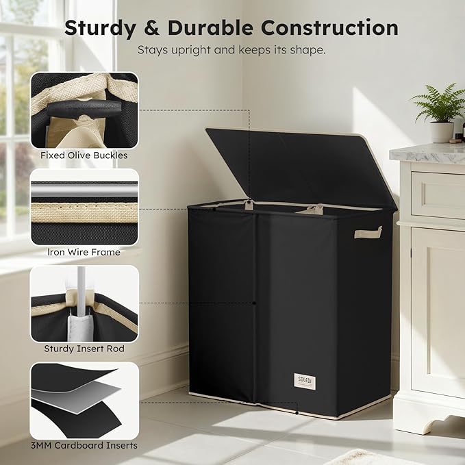 SOLEDI Large Double Laundry Hamper with Lid, Collapsible Clothes Hamper 2 section with Removable Bags, Space-Saving Laundry Basket for Bedroom, Dorm, College