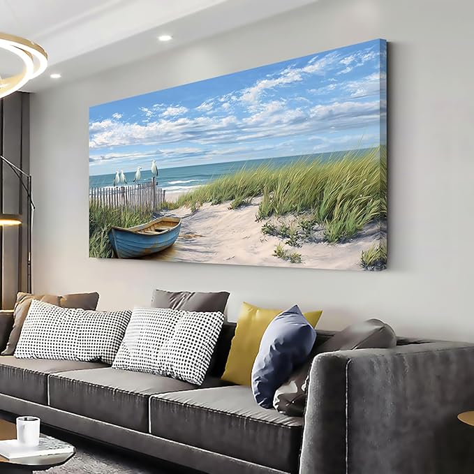 Coastal Blue Seascape Beach Sail Boat Wall Art for Living Room Office Scenic Landscape Art Deco Green Painting Prints Nature Summer Canvas Artwork Over The Couch Bedroom Decor