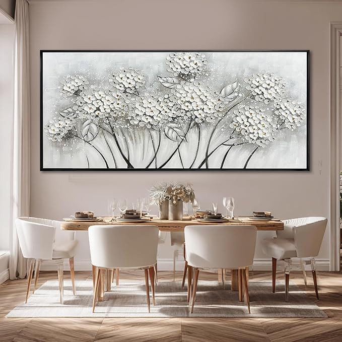 SOUGUAN Plant Hand Painted Wall Art White Wall Decor Floral Canvas Painting 32"x70" Large Artwork for Bedroom Decorative Pictures for Living Room
