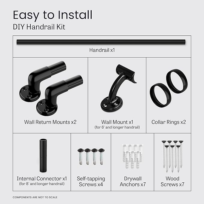 Meranti Aluminum Handrail for Stairs - ADA Compliant Wall Returns - Handrails for Indoor Stairs - Metal Handrail, Powder Coated for Outdoor Environment, DIY Handrail Kit (WHR, Black, 9' Length)