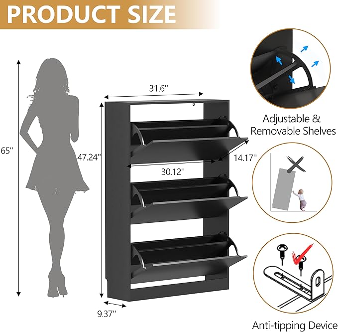 Shoe Cabinet with 3 Flip Drawers, 47" Slim Hidden Wood Shoe Storage Cabinet with Adjustable Shelf, Freestanding Narrow Shoe Rack Organizer for Entryway, Hallway, Black