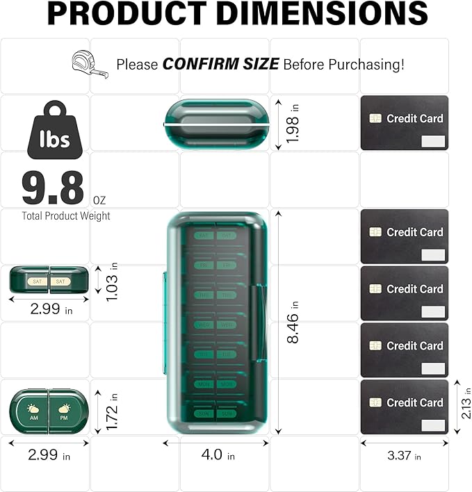 Weekly Pill Organizer 2 Times a Day, Moisture-Proof, Detachable Compartments, AM PM Pill Box 2X 7 Day, Travel Pill Organizer for Pills/Fish Oil/Medication/Vitamin/Supplements (Dark Green)