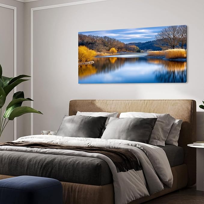 Beautiful Yellow Forest Park Wall Art for Living Room Office Calm Lake Blue Painting Prints Nature Autumn Canvas Artwork Over The Couch Bedroom Decor