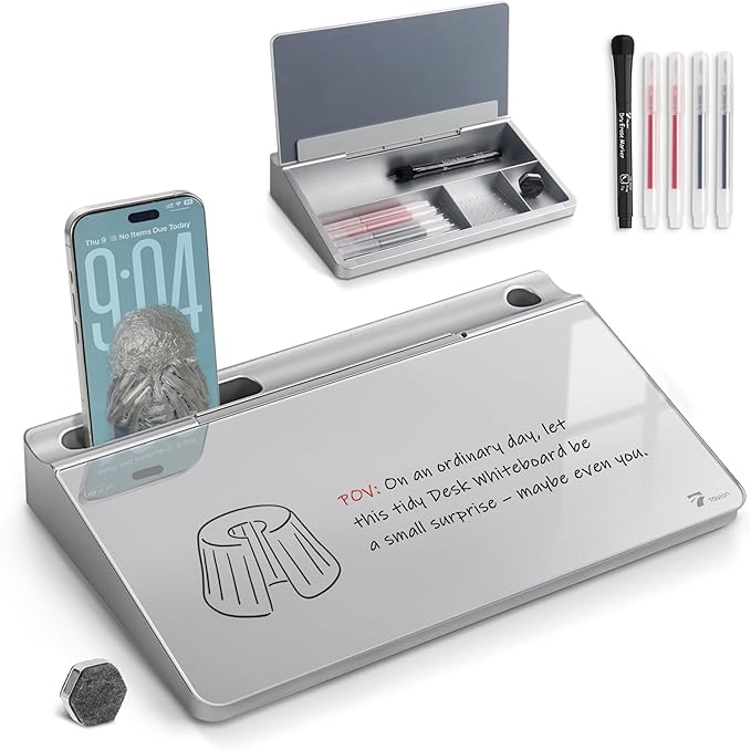 TOWON Small Compact Glass Desktop Whiteboard with Storage – 12 x 7 in Dry Erase Board for Desk, Home Office, School | Includes 5 Markers, Eraser & Holder | Space-Saving Organizer, Metallic Silver