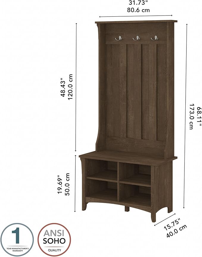 Bush Home Salinas Hall Tree with Shoe Storage Bench in Ash Brown, Multi-Purpose Home Organizer, Entryway Solution with Seating and Hooks