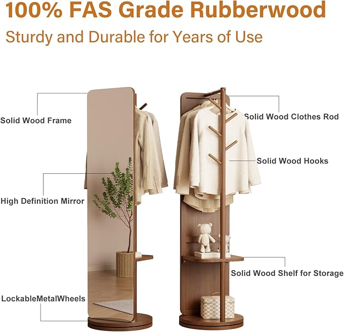 WoodsWhisper Full Length Mirror Coat Rack Solid Wood Floor Mirror 70"x16" Full Length Mirror with Stand Long Mirrors for Bedroom,Living Room