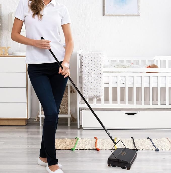 Fuller Brush Electrostatic Carpet & Floor Sweeper with Additional Rubber Rotor - 9" Cleaning Path - Lightweight - Ideal for Crumby & Wet Messes - Works On Carpets & Hard Floor Surfaces (Black)