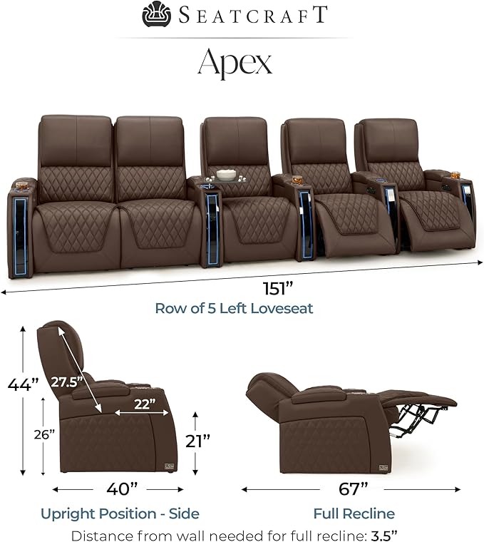 Seatcraft Apex Zero-Gravity CoolZero Italian Leather Home Theater Seating, Powered Headrest, Powered Lumbar, Powered Recline, Row of 5 Left Loveseat, Brown