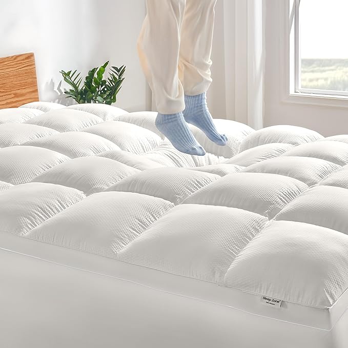 SLEEP ZONE Mattress Topper, Extra Thick Fitted Mattress Pad for Back Pain, Plush and Support Mattress Cover, Deep Pockets Mattress Protector, Hotel Quality (White, California King)