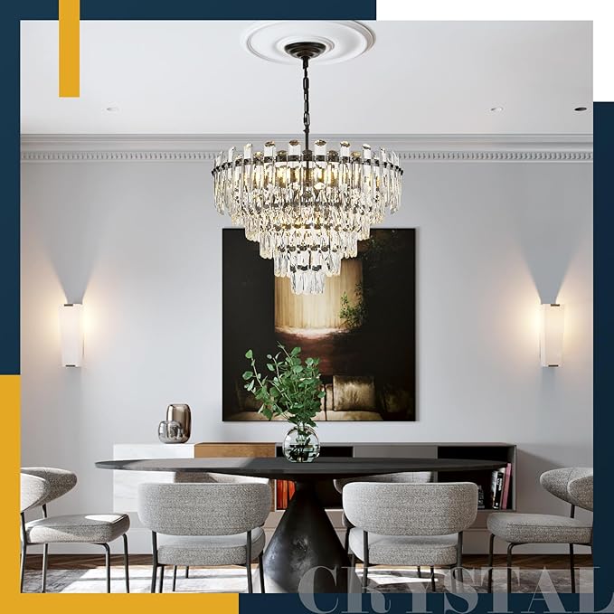 6-Tiers Modern Crystal Chandelier Black 12-Light 23.6'' Contemporary Round Pendant Chandeliers Light Luxury Ceiling Hanging Lighting for Living Dining Room Bedroom Kitchen Island Foyer