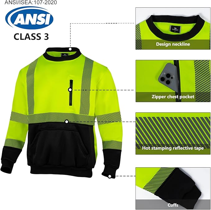 VENDACE Hi Vis Safety Sweatshirts for Men Reflective ANSI Class 3 High Visibility Construction Work Crew Sweatshirt No Hood