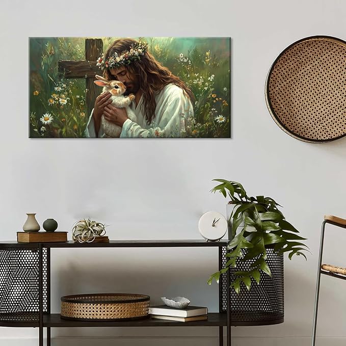 Green Jesus Love Wall Art for Bedroom Canvas Painting Prints GOD Embrace Rabbit Bunny Spiritual Faith Crucifix Cross Vintage Art Deco Spring Artwork Office Farmhouse Decor