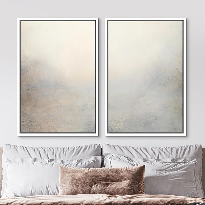 MUDECOR Framed Canvas Print Wall Art Soft Gradient Abstract Misty Landscape Illustrations Modern Art Decorative Bohemian Colorful Chic for Living Room, Bedroom, Office - 24"x36"x2 White