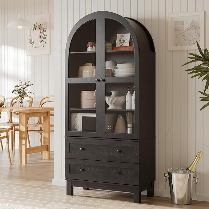 71" Tall Arched Kitchen Pantry, Kitchens Pantry Storage Cabinet with 2 Large Drawers and Adjustable Shelves, Modern Farmhouse Versatile Cupboard for Kitchen, Dining Room, Bathroom, Black