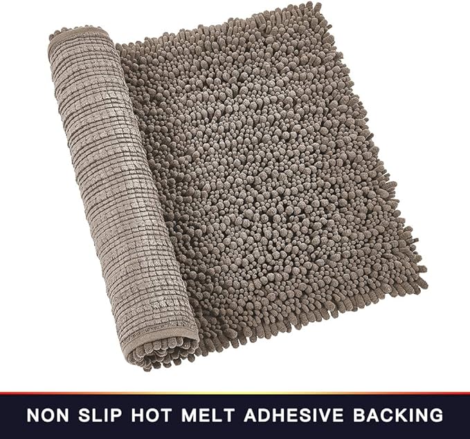 Walensee Bathroom Rug Non Slip Bath Mat (24x17 Inch Taupe) Water Absorbent Super Soft Shaggy Chenille Machine Washable Dry Extra Thick Perfect Absorbant Best Small Plush Carpet for Shower Floor