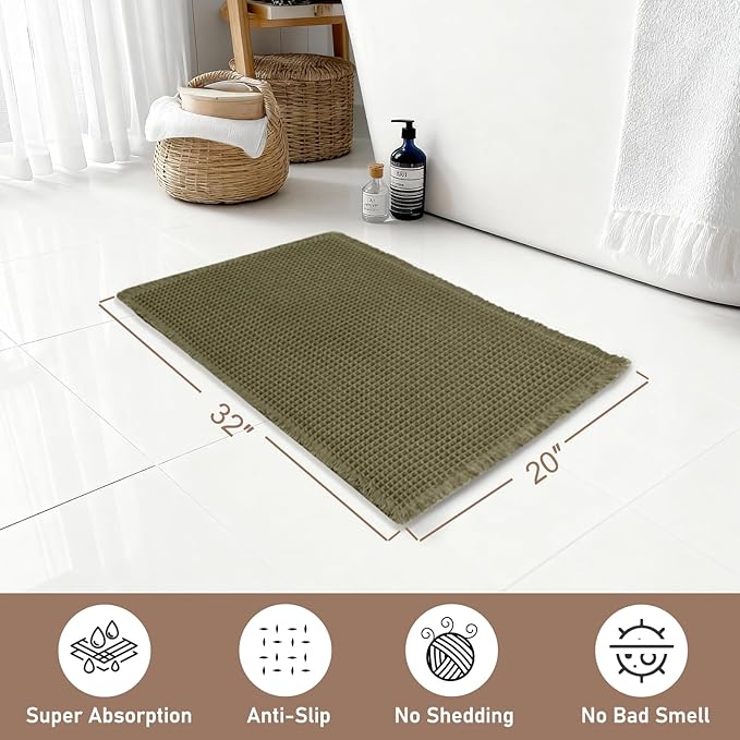 Hiasan Waffle Bath Mat, Super Absorbent Non Slip Bathroom Boho Rug with Tassels, Machine Washable Bath Mats for Bathroom, Ultra Soft Rubber Backed Rug, Grayish Green, 20 x 32 Inches