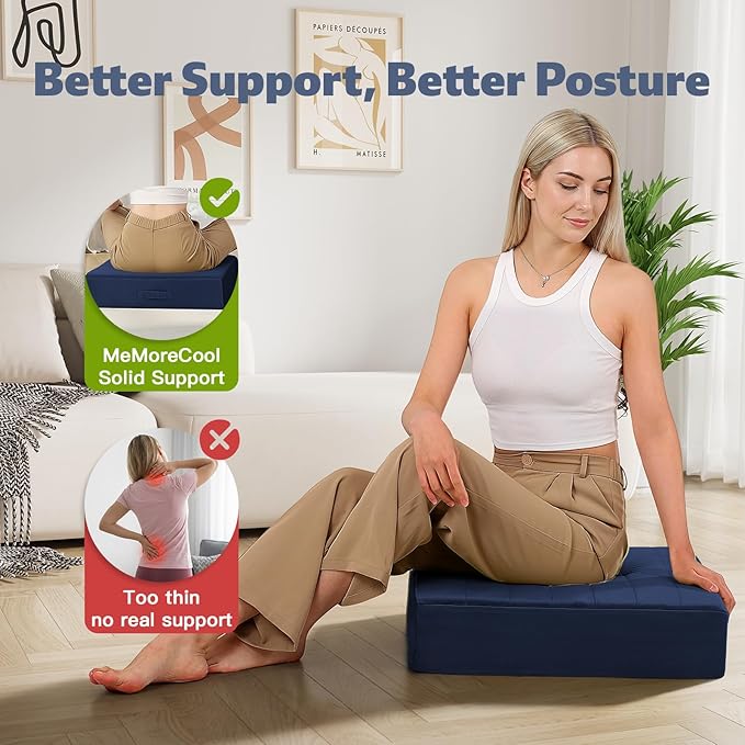 MeMoreCool Square Floor Pillows for Adults Kids, 2 Sets Large Meditation Cushion with 5" Thick Foam and Washable Tufted Cover, 22 Inch Navy Seat Floor Cushions for Sitting and Yoga