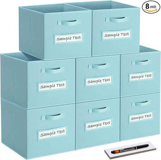 artsdi Fabric storage cubes (8 Pack) 13 Inch Cube Storage Bin, cube organizer bins with 8 Labels Window Cards & a Pen, Foldable cube organizer bins and Storage Box, Sky Blue