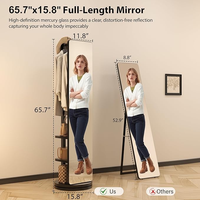 Full Length Mirror with Stand,Mirror Coat Rack,65.7 ''×15.8 ''Floor Mirror for Bedroom, Living Room, Dressing Room (Black)