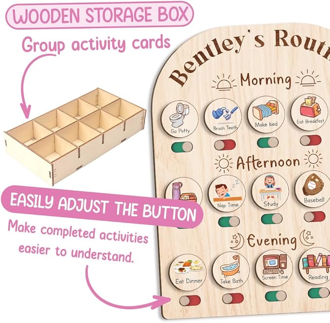 Daily Routine Chart for Kids, Visual Schedule, Routine Chart for Toddlers 3-5, Morning Bedtime Routine Chart for Toddlers, Wooden Chore Chart for Kids