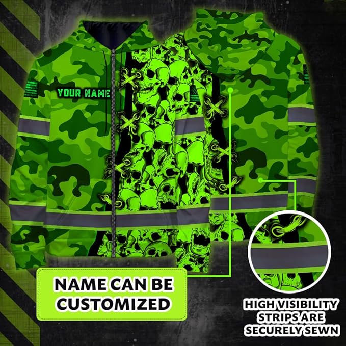 Maddly Hi Vis Reflective Zip Up Hoodie, High Visibility Safety Jacket with Skull Design for runner, worker, trucker, cyclist