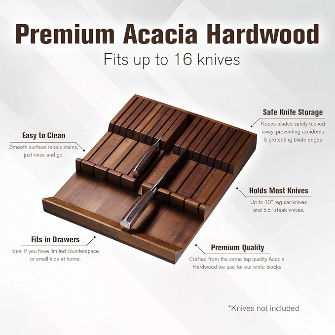 SENKEN In-Drawer Knife Block, Natural Acacia Wood Kitchen Knife Drawer Organizer, Holds 16 Knives + 1 Sharpener Slot for 17 Total Slots, Includes Steak Knife Slots, Space Saving Knife Storage Solution