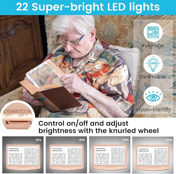 Rechargeable 5X Magnifying Glass for Reading, Large Bright Full Page Magnifier with Light, Handheld LED Dimmable Lighted, Lightweight Book Magnifier for Reading Prints Seniors - Rose Gold