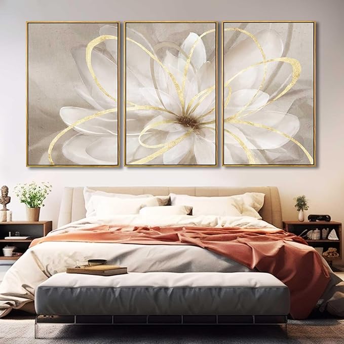 SOUGUAN Living Room Decor White Flower Artwork Gold Canvas Wall Art Abstract Line Painting for Bedroom Kitchen Dining Room Home Wall Decor 26"x40"x 3 Pieces