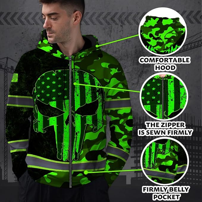 Maddly Hi Vis Reflective Zip Up Hoodie, High Visibility Safety Jacket with Skull Design for runner, worker, trucker, cyclist