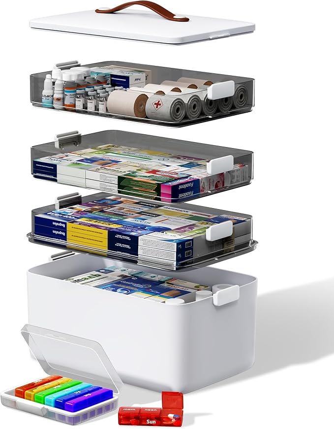 4-Tier Medicine Cabinet Organizer with Leather Handle, Empty Plastic First Aid Kit, Multipurpose Storage Box with A Portable Weekly Pill Organizer for Family Emergencies, Home, Travel, White