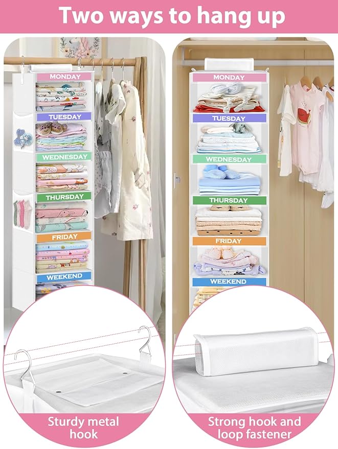 Weekly Clothes Organizer for Kids 6-Shelf Hanging Closet Organizer with Monday Through Friday Compartments & 2 Side Pockets – Space-Saving Clothes Storage for Children Closet Storage