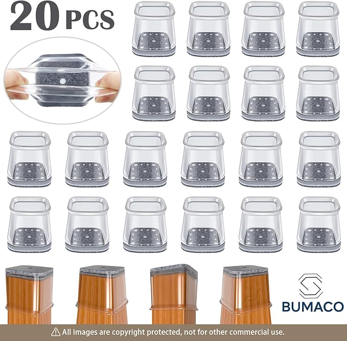 BUMACO Chair Leg Floor Protectors Square Chair Leg Protectors for Hardwood Floors Silicone Pads Covers to Protect Floors Clear-20 Pcs Square L (1-1/16" to 1-5/8")