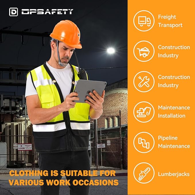 Reflective Safety vest With back plan pocket,High visibility Class 2 Heavy Duty Surveyor Vest with Zipper,Hi Vis Construction Work Vest for Men＆Women ANSI/ISEA(Yellow-Bottom,2XL)