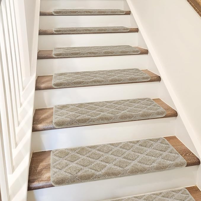 PURE ERA Bullnose Carpet Stair Treads Tape Free Non-Slip Indoor Stair Protectors Pet Friendly Stair Treads for Wooden Steps 9.5" x 30"(14 Pieces, Cream Gray Diamond Trellis)