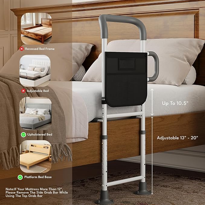 HOMEAL Bed Rails for Elderly Adults Safety - Adjustable Bedside Assist Rails for Seniors with Non-Slip Ergonomic Handle & Fixing Strap, 350 Tested,Fits Twin, Full, Queen, King Bed(Black,Without Light)