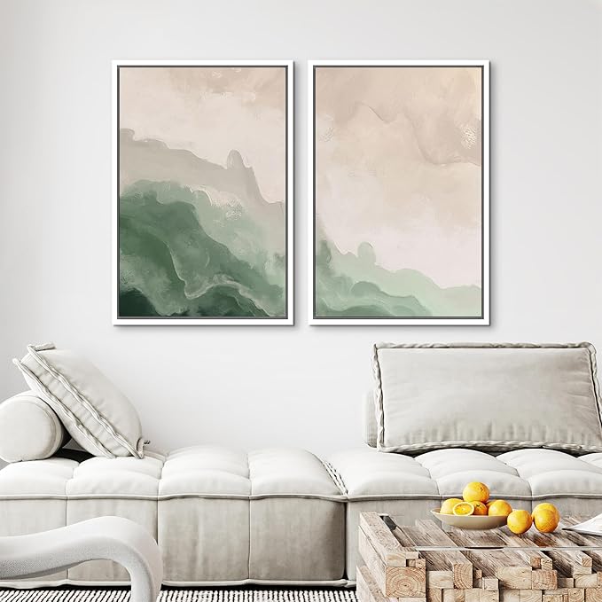 MUDECOR Framed Canvas Print Wall Art Soft Green and Beige Abstract Calming Watercolor Landscape Illustrations Modern Art Decorative Bohemian Chic for Living Room, Bedroom, Office - 24"x36"x2 White