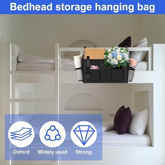 2Pcs Bedside Caddy Oxford Cloth Bedside Storage Organizer Large Capacity Hanging Storage Bag with Metal Hook Adjustable Strap Foldable Bedside Organizer